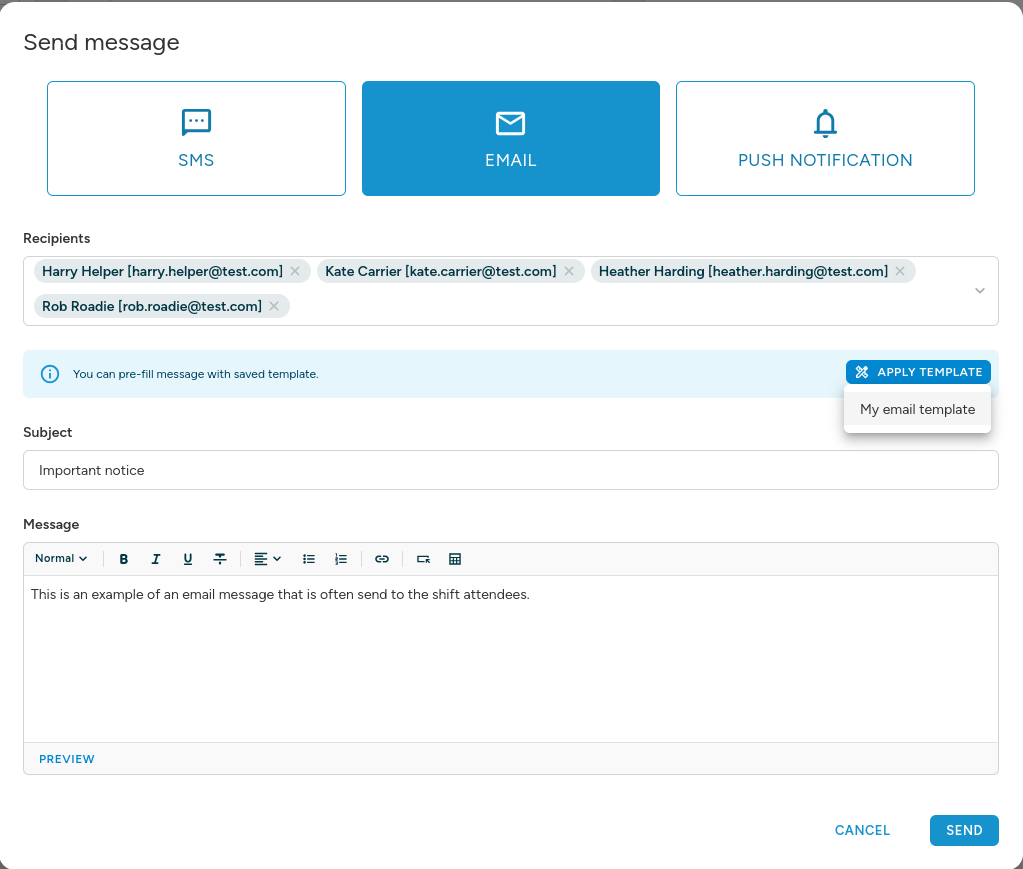 Message template usage
