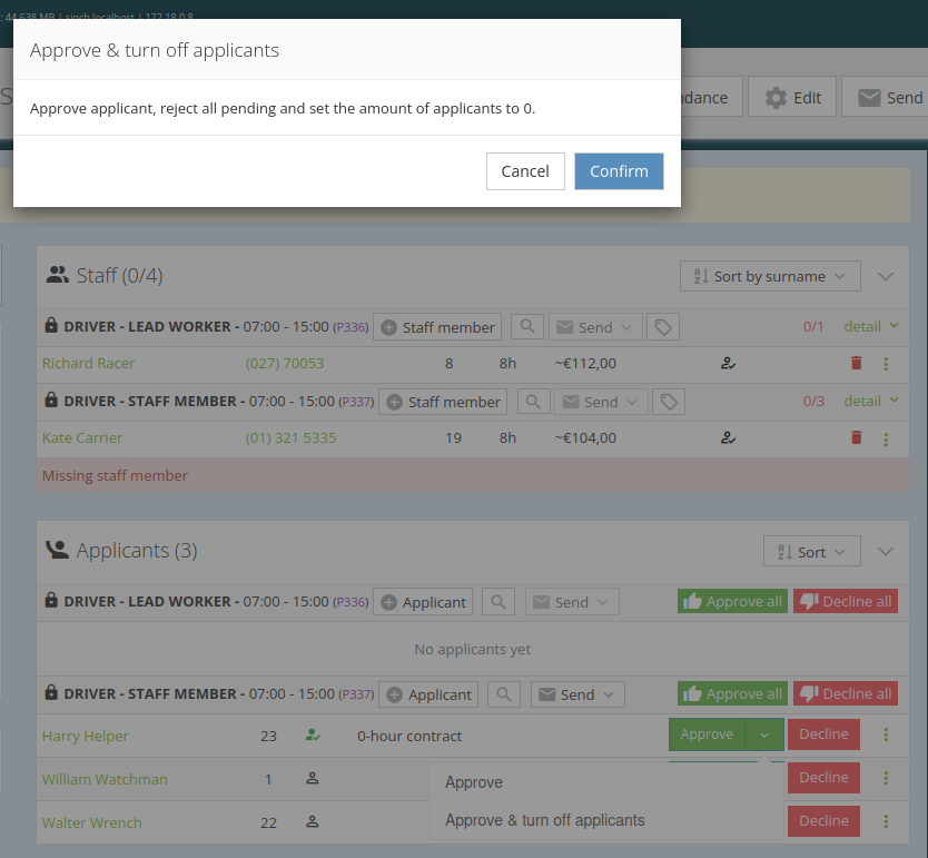 Confirmation of approving & turning off applicants